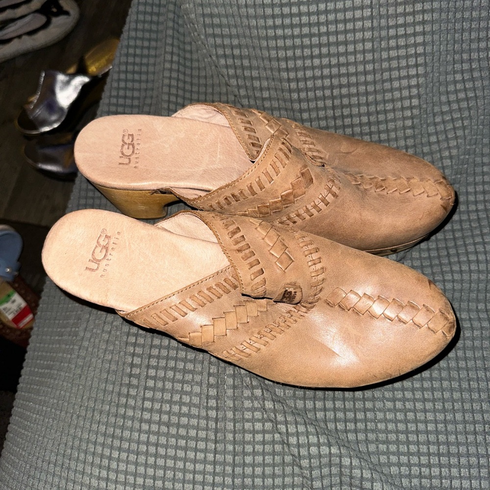 UGG Tan Leather Mules with Woven Detail